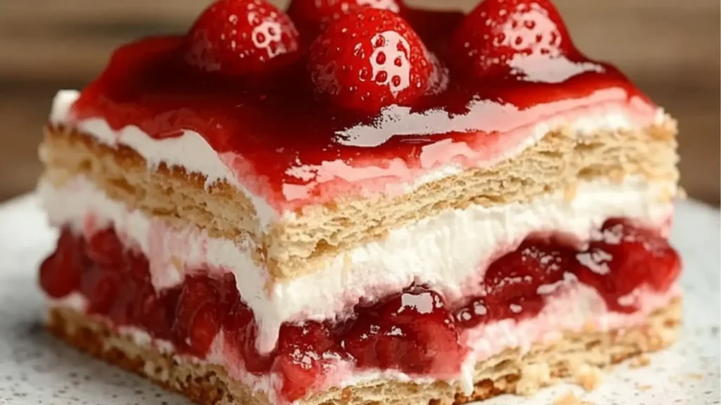 a cake with pink frosting and strawberries on the side