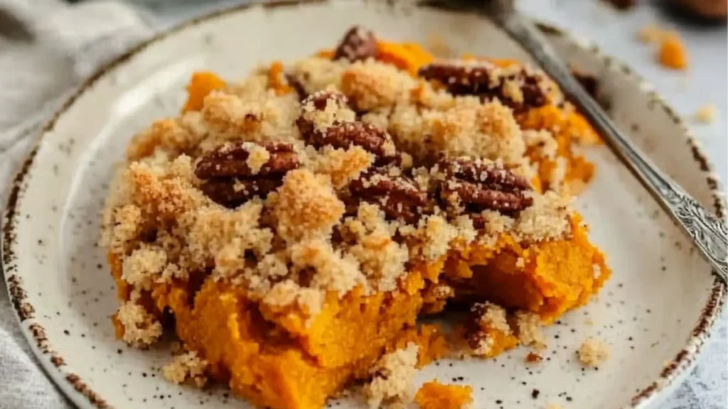 this sweet potato crumble is ready to be eaten with ice cream in the middle