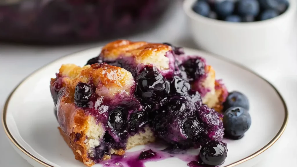 blueberry baked up on a white plate with text overlay that reads, blueberry baked up 3 ingredient recipe