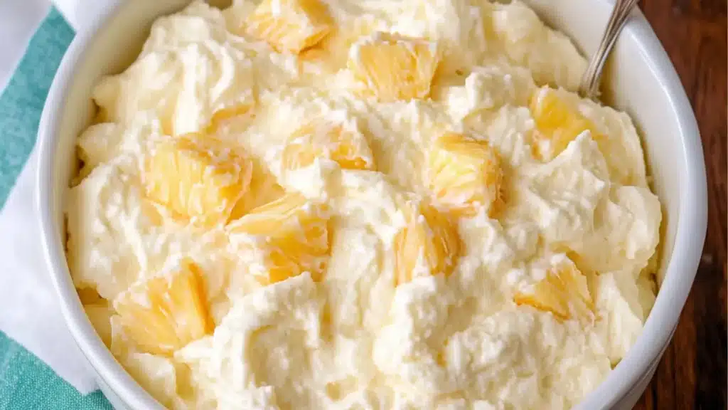 bowl filled with pineapple coconut fluff and topped with cherries on top