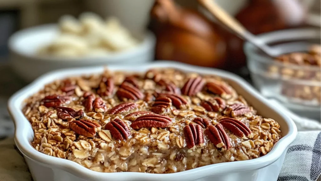 pecan pie baked oatmeal in a baking dish with text overlay