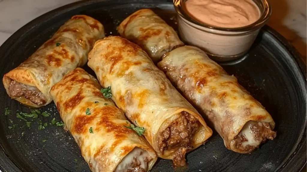 a plate topped with cheesesteak roll ups
