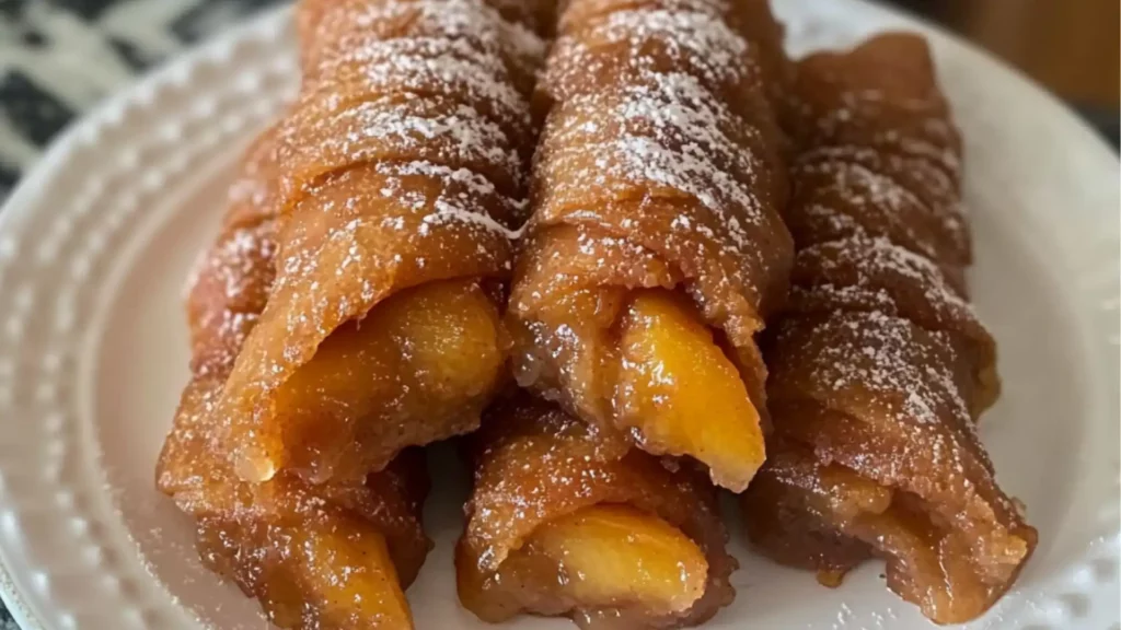doughnuts stacked on top of each other with the words, peach cobbler egg rolls