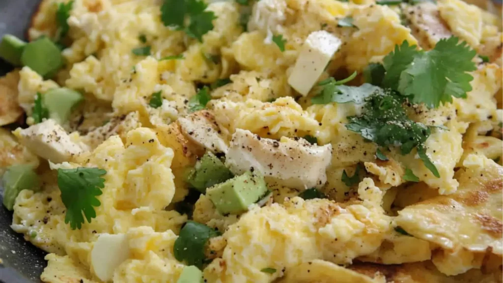 mexican scrambled eggs in a skillet with tomatoes, jalapenos and avocado