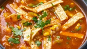 chicken tortilla soup with tortilla chips and avocado on the side