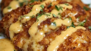grilled chicken with cheddar mustard sauce is shown on a piece of paper