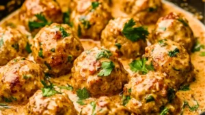 a blue pot filled with meatballs covered in sauce and garnished with herbs