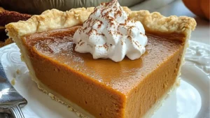pumpkin pie with whipped cream on top sits on a white plate next to a fork