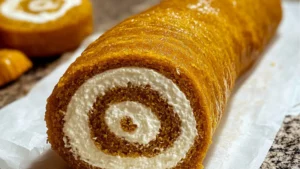 there are two pictures of pumpkin rolls and one is cut in half to show the inside
