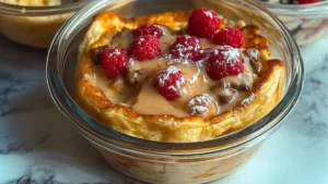 baked desserts in glass dishes with spoon on table