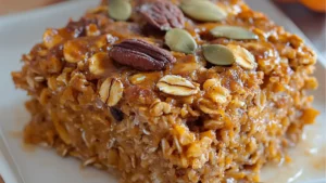 pumpkin baked oatmeal with chocolate chips and eggs in the middle, on top of