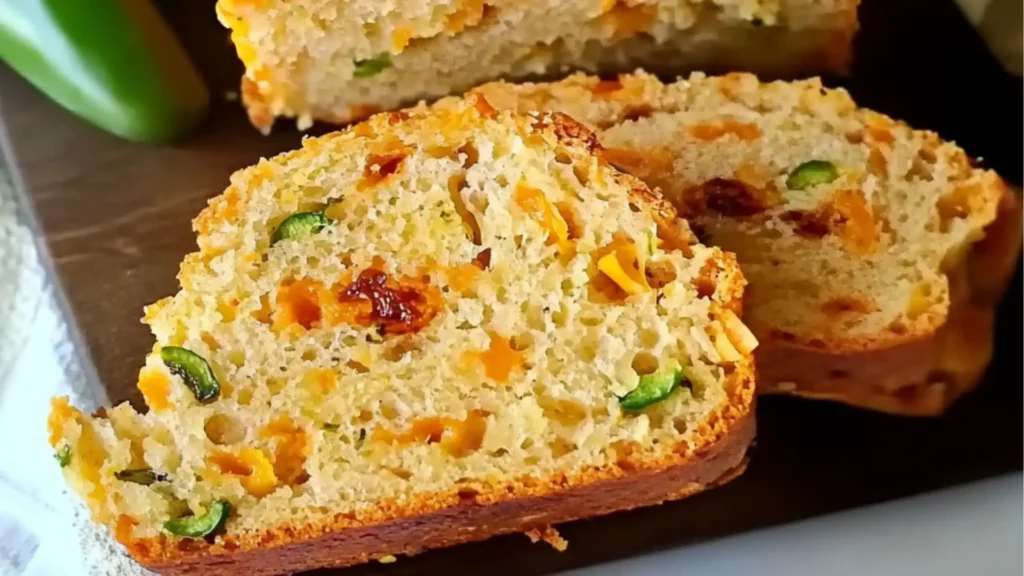 garlic herb jalapeno cheddar beer bread on a wooden cutting board