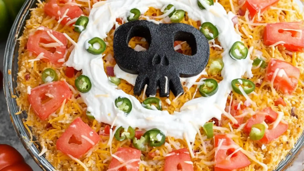 spooky 7 - layer halloween taco dip with spider web decoration