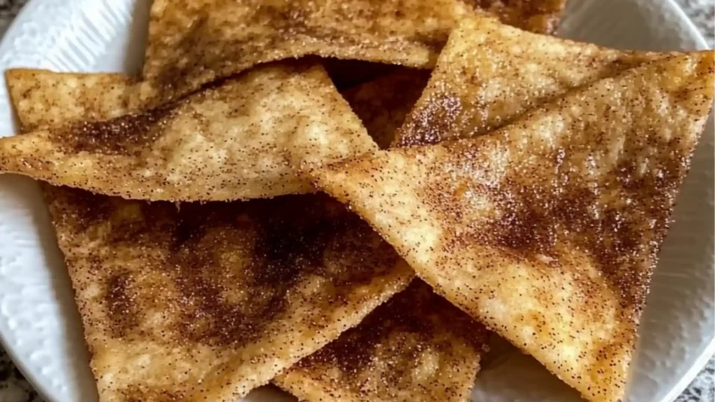 cinnamon sugar tortilla chips stacked on top of each other with text overlay