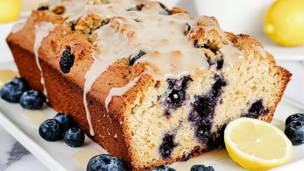blueberry lemon quick bread on a white plate with the words sourdough discard blueberry lemon quick bread