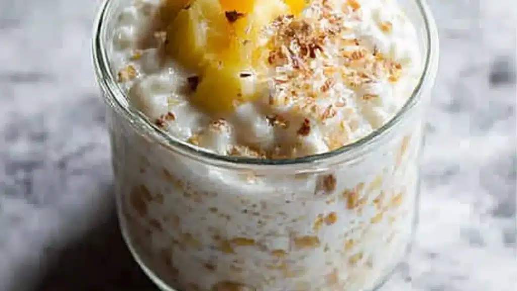 coconut cream pie overnight oatmeal in two jars with text overlay that reads easy homemade coconut cream pie overnight oats