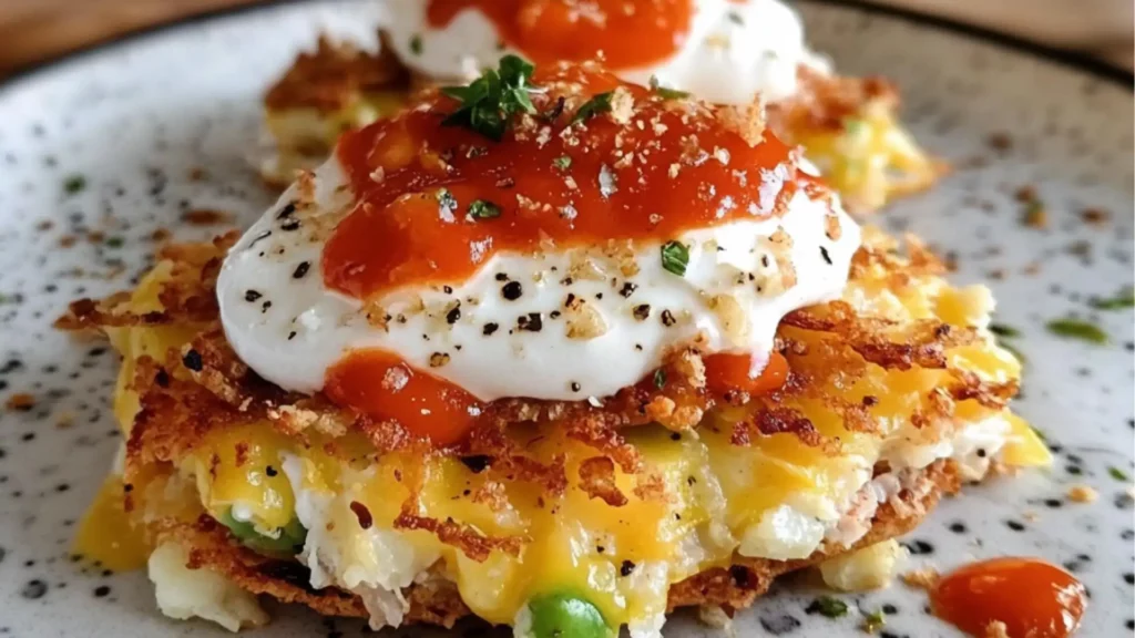 three toasted breakfast hash browns on a white plate with green and yellow sprinkles