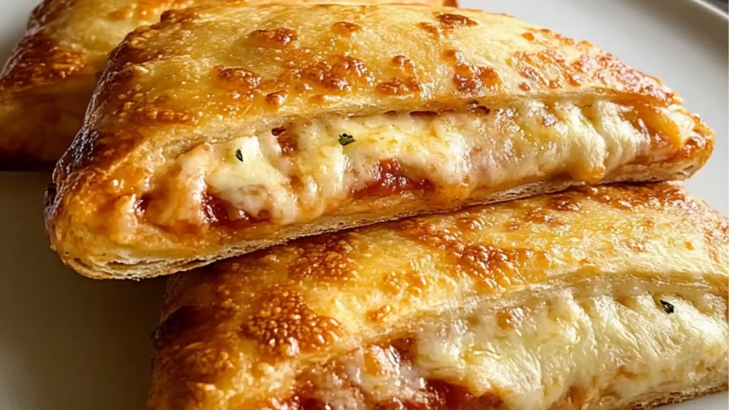 homemade easy cheesy pizza pockets on a white plate with green text overlay