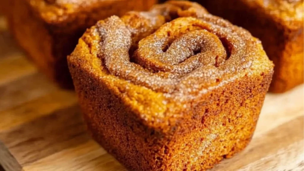 cinnamon sugar crunch pumpkin bread is cut in half and placed on a black cutting board