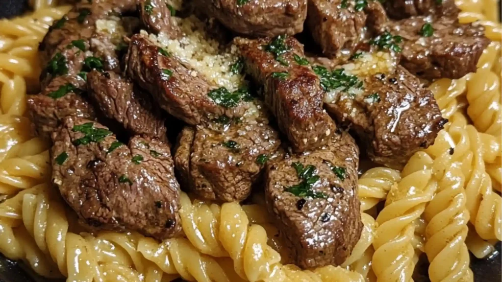 a bowl filled with pasta and meat on top of a table