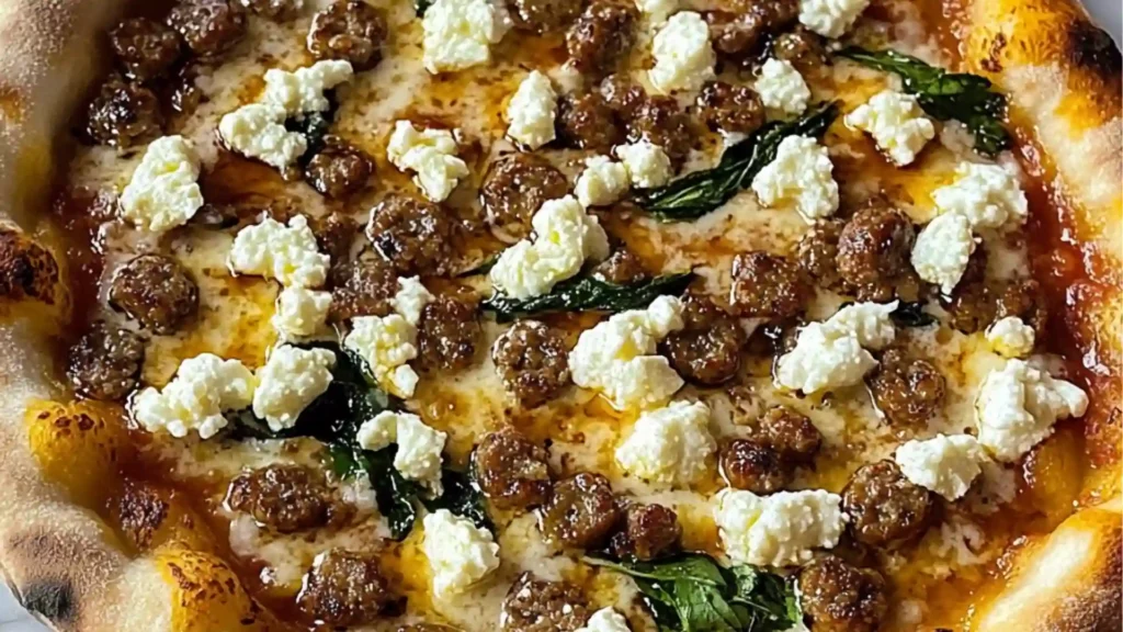a slice of pizza with meat and cheese on it sitting on top of wax paper