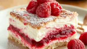 raspberry trirami dessert with lemon and raspberries on top