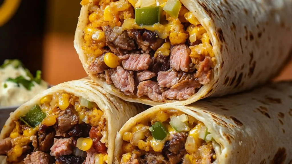 a burrito with meat, cheese and vegetables on it