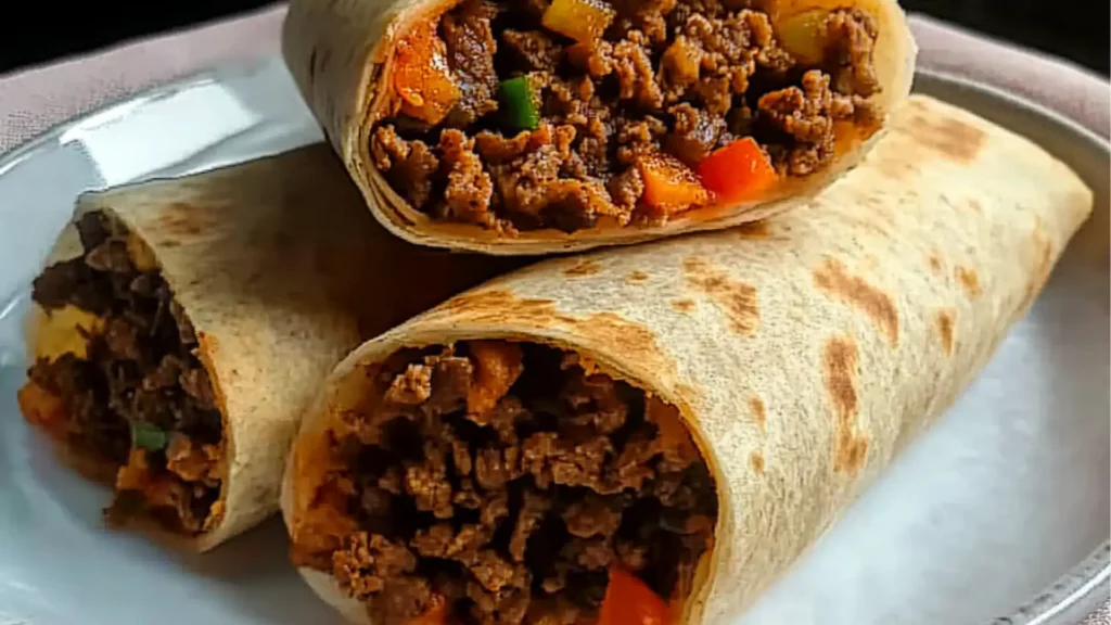 a person holding up a half eaten sandwich with ground beef and rice in the middle
