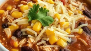 a ladle of soup with text overlay that reads creamy chicken taco soup