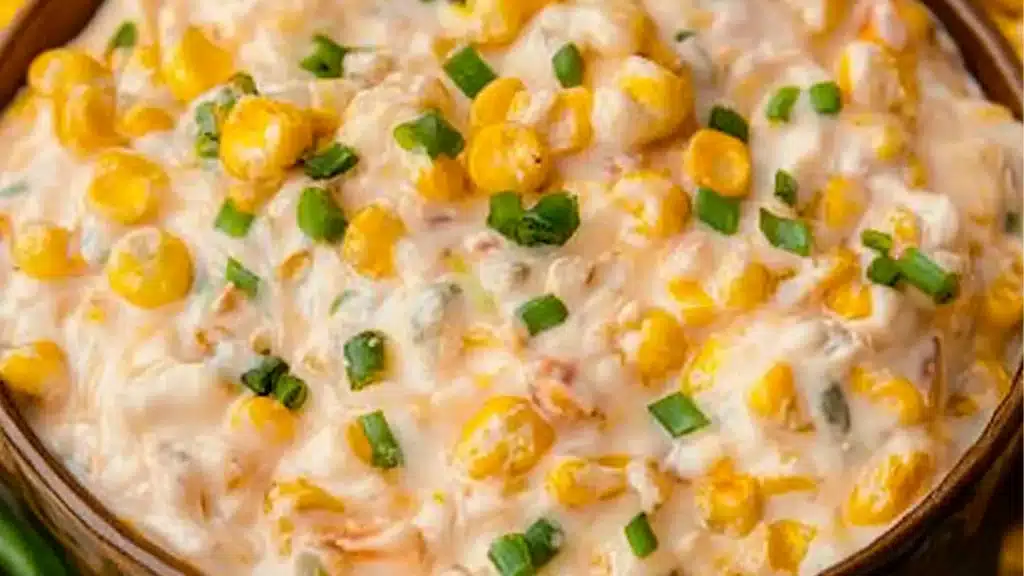 a white bowl filled with corn salad next to chips