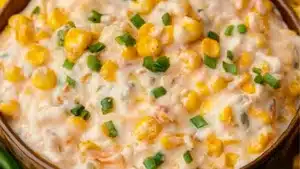 a white bowl filled with corn salad next to chips