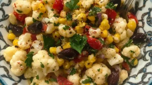 a white bowl filled with cauliflower and tomatoes