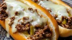 three cheesesteak sloppy joes stacked on top of each other with the words, phily cheese steak sloppy joes
