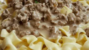 two images showing the steps to make ground beef stroganoni in a skillet