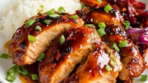 chicken and cucumber stir fry on rice in a bowl with the words sticky honey gochung chicken