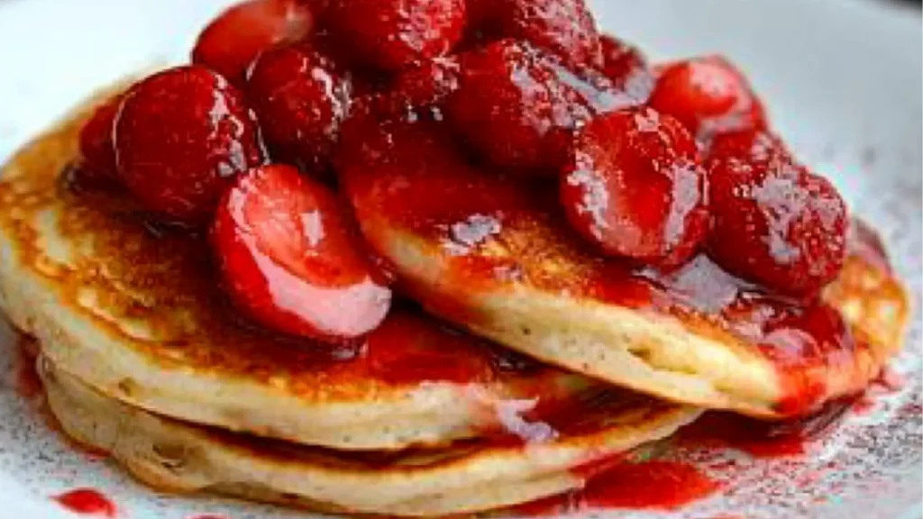 Strawberries and cream low calorie high protein pancake stack with strawberry white chocolate chip and whipped cream