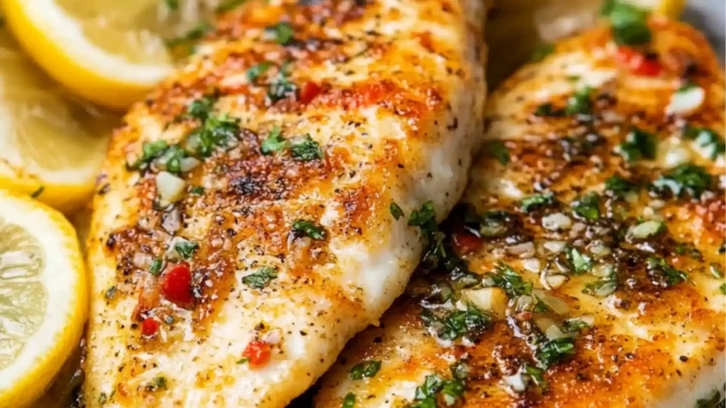 two pieces of fish on a white plate with the words 15 minute air fryer tilapa crispy, flaky and perfection