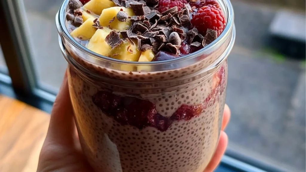 high protein chocolate chia pudding in a glass bowl with whipped cream and chocolate on top
