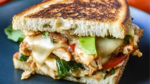 a stack of chicken panini stacked on top of each other with text overlay