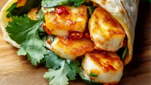 sweet chili halloween wraps on a plate with text overlay
