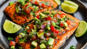 grilled cajun salmon with avocado on a wooden cutting board next to lime wedges