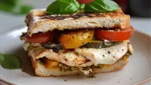 chicken caprese panini is cut in half on a white plate with tomatoes