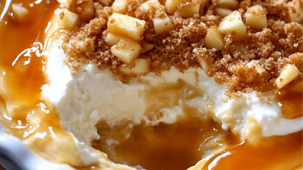 caramel apple cheesecake dip with pecans and apples