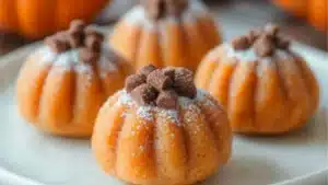 small pumpkin shaped pastries on a wooden table