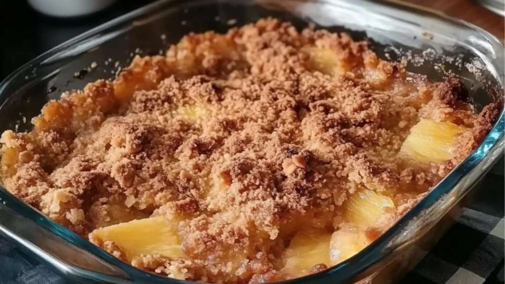 a close up of food on a plate with the words pineapple crisp above it