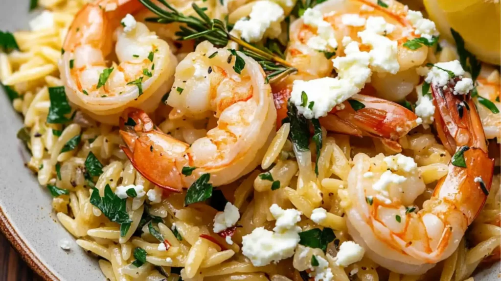lemon and feta orzo roasted shrimp in a skillet with text that reads, click to get the full recipe