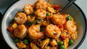 healthy shrimp rice bowls with avocado and lemon wedges