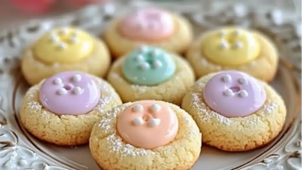 easter bunny button cookies on a plate with flowers in the background and text overlay