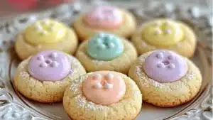 easter bunny button cookies on a plate with flowers in the background and text overlay