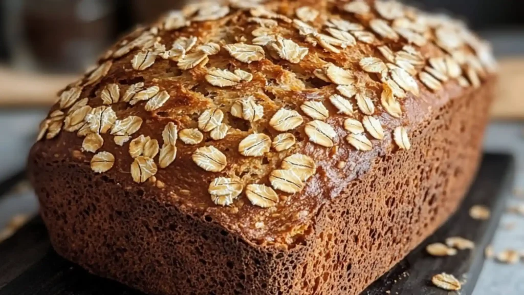 a loaf of homemade honey oat bread in a baking pan with the title above it